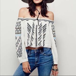 Free People Off-Shoulder Embroidered Blouse - White and Black